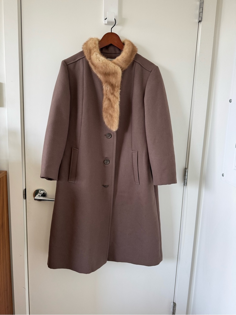 Womens Taupe Wool Coat with Faux Fur Collar